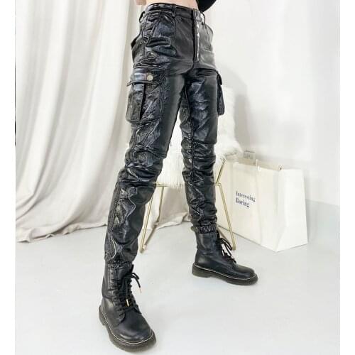 Metal button Glossy patent pu leather pant female Autumn bright leather pants was thin high waist locomotive leather pants F1686