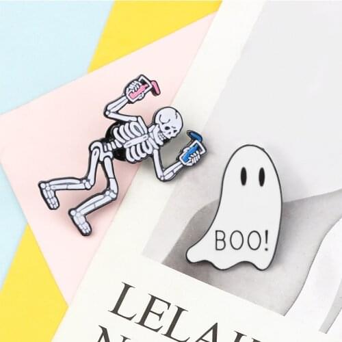 BOOM Ghost White Enamel Pins Punk Drink Skull Skeleton Brooches Shirt Denim Jackets Bag Lapel Pin Badges Jewelry for Women Men