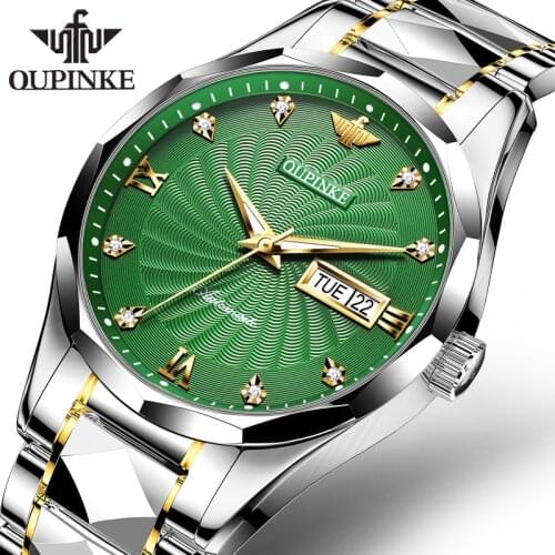 OUPINKE Fashion Brand Luminous Mens Mechanical Watch Gemstone Calendar Business Mens Automatic Watch Green Quartz Watch Clock