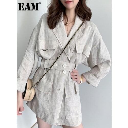 [EAM] Loose Fit Linen Button Split Joint Big Size Jacket New Lapel Long Sleeve Women Coat Fashion Tide Spring 2021 1X5010