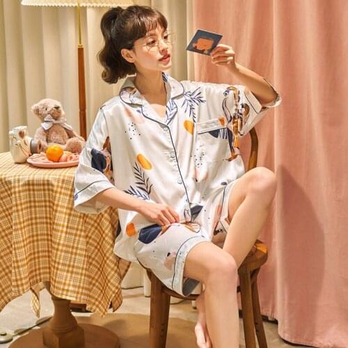 Ice silk pajamas womens summer short sleeve thin two piece silk like sexy lovely student large size home suit
