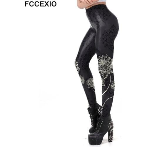 FCCEXIO White Lotus Printed Leggings Women Fitness Pants Female Sexy Black Mid Waist Leggins Workout Elastic Mandala Legins