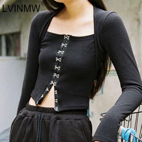 LVINMW With Buckles Square Collar Long Sleeve Top Women Patchwork Slim Chic Casual Simple Tops Solid T Shirts For Autumn Street