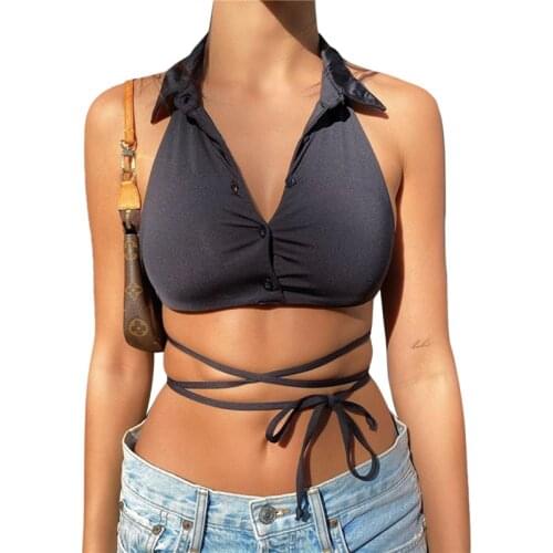 Women Sexy Solid Color Tank Top Backless Lapel Tie Up Button Down Camisole Slim Exposed Navel Vest Sling Top For Daily Wear