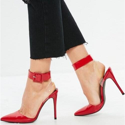 Newest Red Patent Leather Buckle Strap Pumps Clear PVC Slingback High Heels Shoes Pointed Toe Cut-out Ankle Strap Sandals