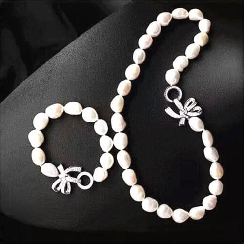 Baroque 10-12mm cultured freshwater pearl necklace Zircon Bowknot Accessories