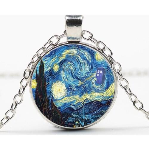 Classic Van Gogh Starry Night Abstract Oil Painting Works Round Glass Pendent Necklace for Women Men Girls Kid Neck Jewelry Gift