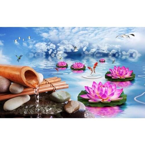 Flowing water lotus carp sofa living room TV background wall Living Room Bedroom Wallpaper Home Decor