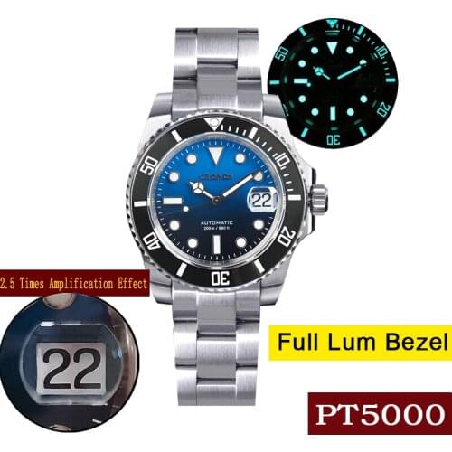 Cronos Diver Luxury Men Watch Stainless Steel PT5000 Bracelet Ceramic Bezel 200m Water Resistant Automatic Self Wind Watches