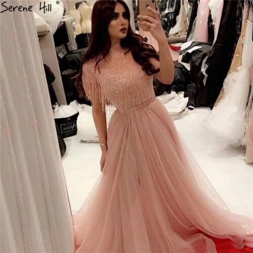 Pink Short Sleeveless Tassel Beading Evening Dresses 2020 Latest Design High Collar Tulle Formal Dress Serene Hill LA60997