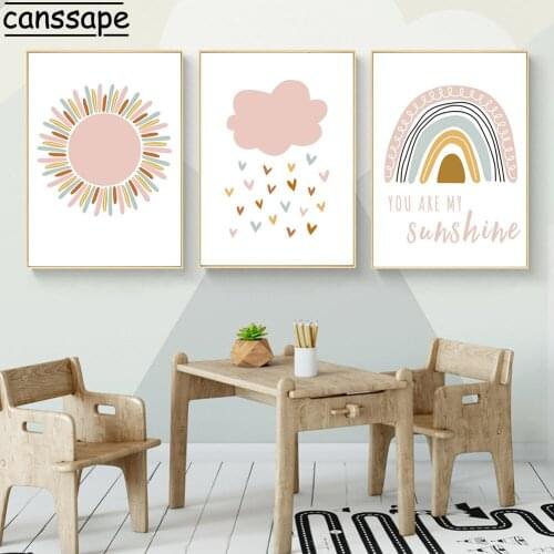 Pink Sun Rainbow Wall Art Print You Are My Sunshine Nursery Canvas Poster Cloud Painting Nordic Wall Pictures Kids Room Decor
