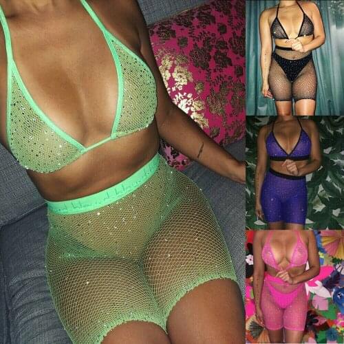 Sexy Women Lingerie Rhinestone Bling Underwear Fish Net Mesh Halter Bra+Fishnet High Waist Shorts Babydoll Sleepwear Underwear
