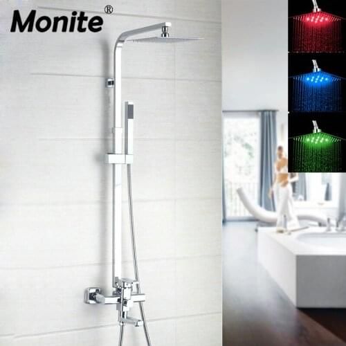 Monite 8/16 Inch LED Bathroom Shower Faucet Set Wall Mounted Rainfall Shower Head Hand Spray 3 Ways Adjustable Mixer Shower Tap