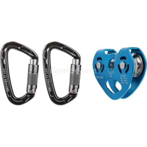 30KN Zip Line Cable Trolley Zipline Fast Speed Dual Pulley+24KN Screw Locking Carabiner Climbing for Hauling Climbing