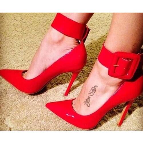 Thicken Ankle Buckle Ladies Sexy Pointy Toe Pumps Fashion Neon Patent Leather Ladies High Heels White Python Leather Stiletto