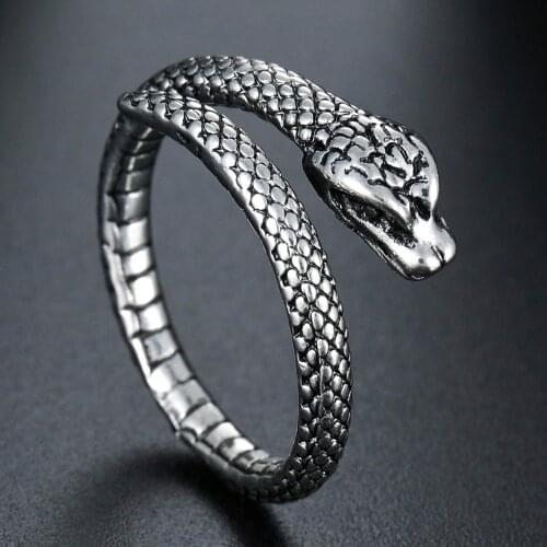 Retro Punk Snake Ring for Men Women Exaggerated Antique Sivery Color Opening Adjustable Rings Gothic Accessories