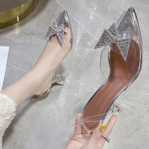 Women Sandals Transparent PVC Bowknot Pointed Toe Ladies Summer High Heels Shoes Woman Pumps Slip On Plus Size Elegant Footwear
