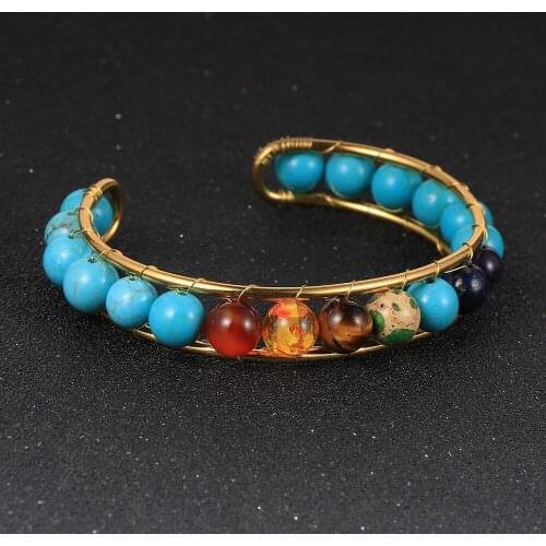 Reiki Women Natural Stone Chakra Cuff Bangles Bracelets Handmade Copper Wire Wrap Beads Bangle Female Yoga Jewelry