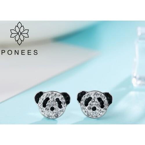 PONEES Lovely Crystal Panda Stud Earrings Cute Cartoon Images Earrings Ear Studs Jewelry For Women Girls