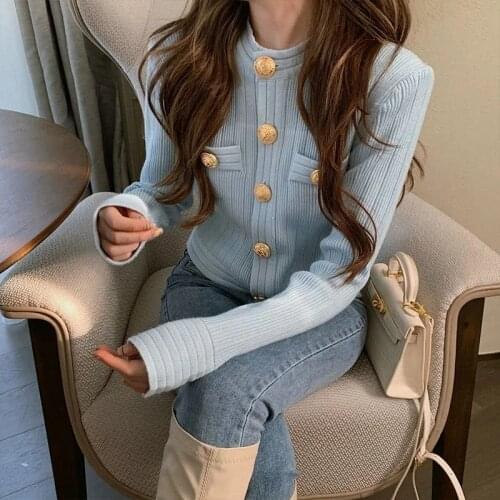 Korobov Elegant OL Long Sleeve O Neck Women Sweaters 2021 New Autumn Winter Button Cardigans Korean Cropped Cardigan