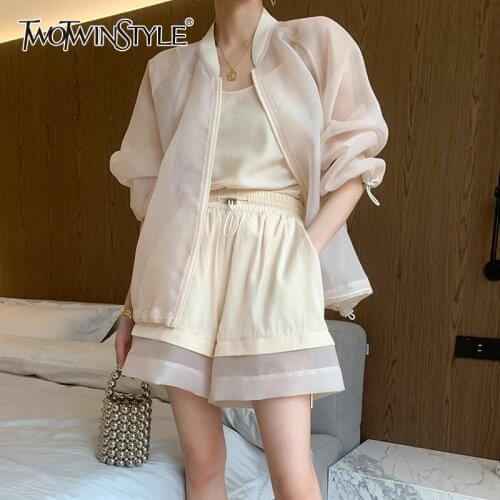 TWOTWINSTYLE Casual Apricot Womens Suit Round Neck Long Sleeve Coat Tops Elastic High Waist Wide Leg Shorts Womens Tracksuits