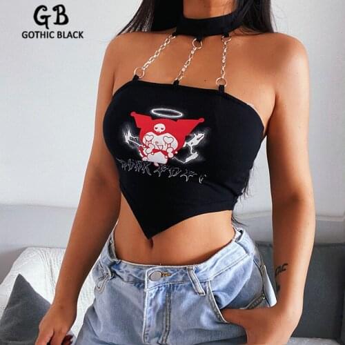Gothblack Harajuku Demon Printing Halter Slim Camisole Women Sexy Backless Slim Navel Tank Tops Fashion Summer Casual Crop Top