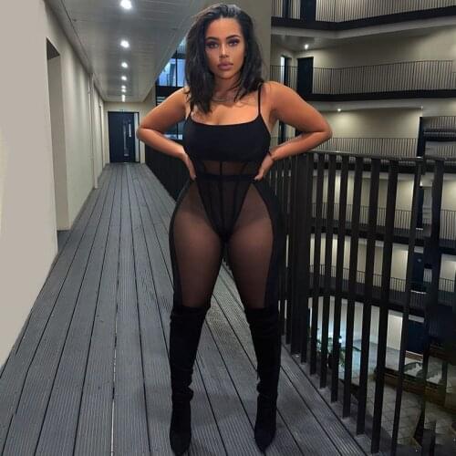 2021 Women New Sleeveless Mesh Sexy Bodysuit + Bodycon Leggings Two Piece Hollow Out See Through Skinny Nightclub Party Outfits