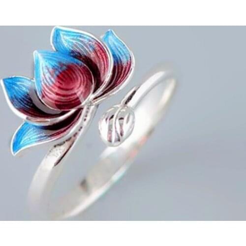 New Arrival Ethnic Creative Design Plant Lotus Adjustable Rings For Women Ladies 925 Sterling Silver Colorful Glaze Enamel Ring
