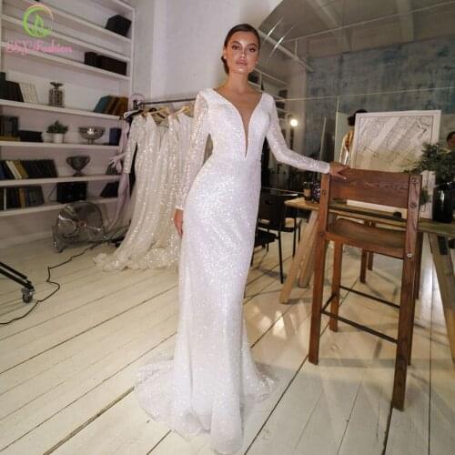 SSYFashion New White Sequins Long Sleeve Evening Dress for Women Sexy Slim V-neck Backless Straight Beach Formal Gown Vestidos