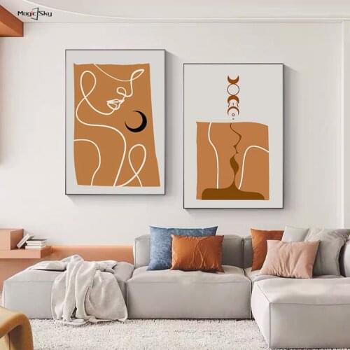 Abstract Line Art Sun Moon Lovers Canvas Decorative Paintings Vintage Wall Art Posters on the Wall Living Room Home Decoration