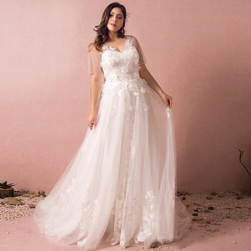 White Deep V-Neck Evening Dress Short Sleeves Embroidery Lace A-Line Elegant New Floor-Length Plus Size Women Formal Gowns D1040