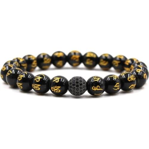Micro Pave CZ 10mm Disco Ball Mantra Stone Beads Bracelet Stretch Om Mani Padmei Hum Six Buddha Words Jewelry Men