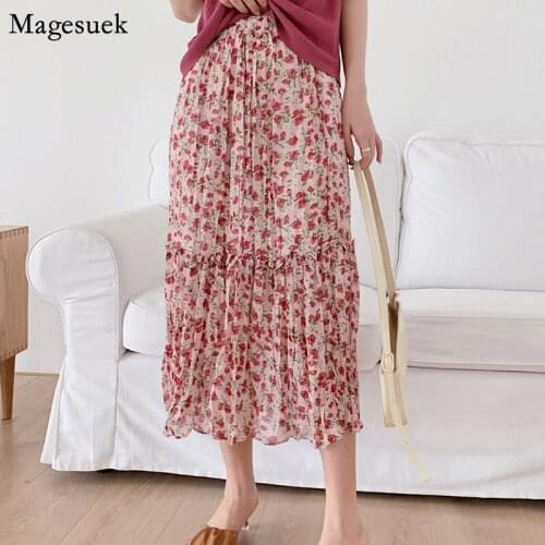 High-Waist Slim Long Skirt A-Line Floral Chiffon Skirts Womens Elastic Style Pleated Skirt Chic Elegant Women Dress Jupe 9192