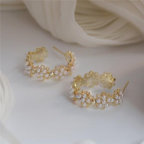 Fashion Korea Bohemia Elegant Pearl Flower Shiny Crystal Zircon Earrings Statement Earrings for Women Girls Earring Jewelry Gift