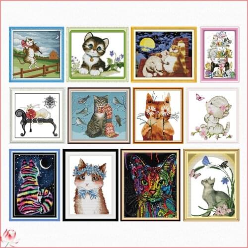 Joy Sunday Kitten 14CT 11CT Counted and Stamped Cartoon Animal Home Decoration Needlework Embroidery Sets DIY Cross Stitch kits