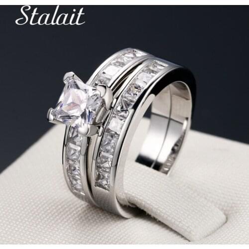 2 Pcs Ring Set White Zircon Stone Ring White Gold Filled Wedding Party Finger Rings For Women Men Valentines Day