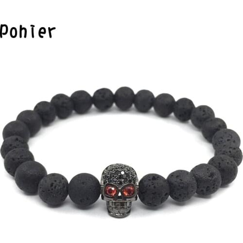 POHIER New Fashion Micro Pave CZ Skull Beads Lava Bracelets Natural Stone Beads Chams Bracelets For Men Women Pulseira Masculin
