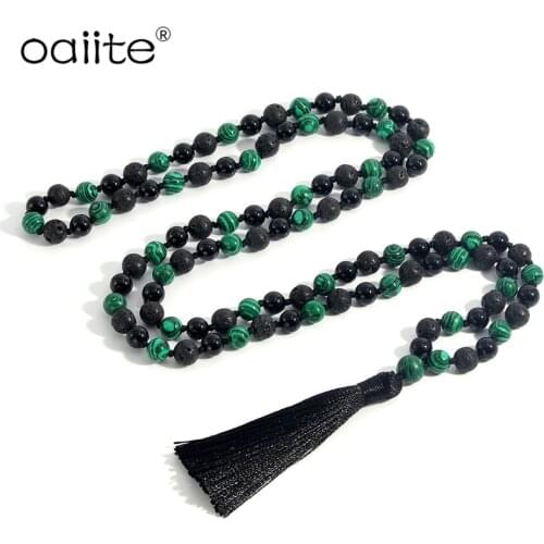 OAIITE 108 Natural Stone Beads Mala Necklace 8mm Peacock&Lava stone Charm Stylish Beaded Tassel JapaMala Necklace