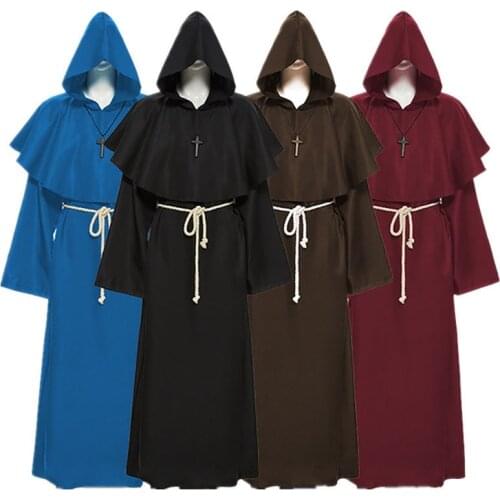 Medieval Monk Church Clergy Costume Mens Cosplay Witch Priest Hooded Cowl Gown Shawl Cape Christian Cloak Halloween Outfit Adult