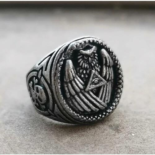 Vintage Mens Stainless Steel Silver Color Ring Owl All Seeing Eye Pyramid Ring Masonic Mens Jewelry