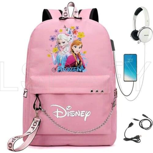 Disney Frozen Elsa Girls Backpack USB Charging Waterproof Rucksack for Teen Girls School Bag Cute Student Bookbag Travel Mochila