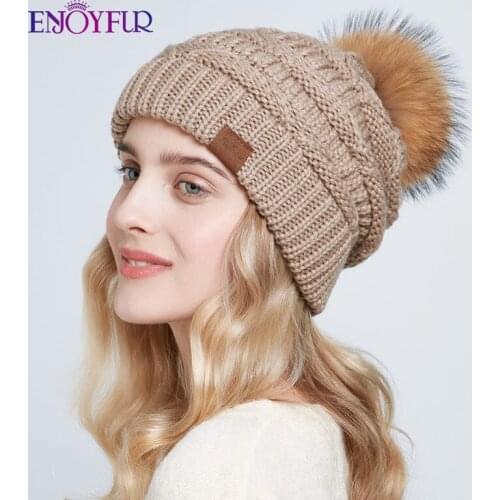 ENJOYFUR Real raccoon fur pompom hats for women winter warm knit slouchy beanies female baggy ski caps