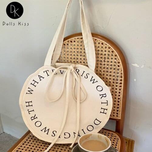 Ladies Canvas Shoulder Bag Women Round Literary Letter Printing Totes Female Eco-Friendly Grocery Bag Girls Casual Shopping Bag