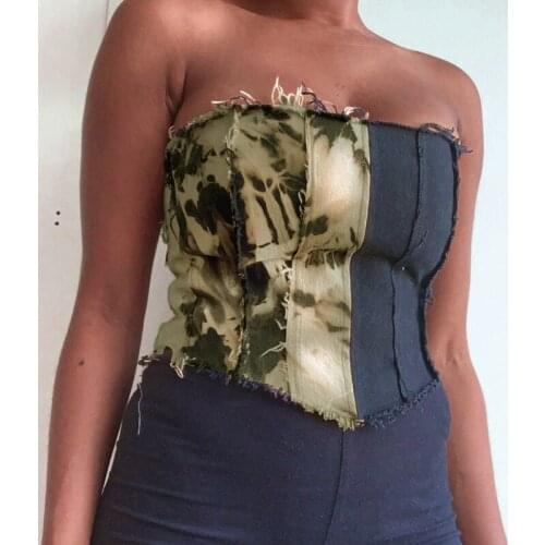 Patchwork Denim Tops for Women 2021 Summer Tie Dye Panelled Sexy Wrap Crop Tops Cotton Casaul Slim Bandage Bodycon Strapless Top