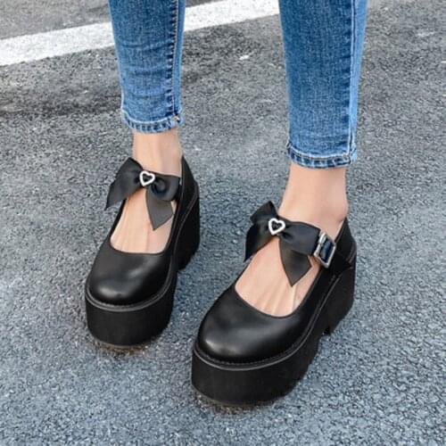 2021 Spring Womens Bowknot Pump High Heels Waterproof Platform Thick Sole Harajuku Large Size Leather Shoes