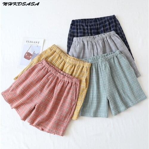 Womens Summer 100% Cotton Crepe Yarn Mens Household Thin Section Sleep Bottoms Lattice Shorts Plaid Nightly Trousers Sleepwear