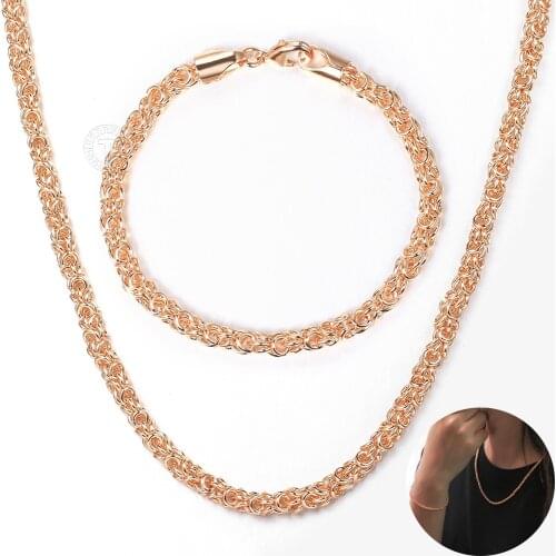 585 Rose Gold Filled Bracelets Necklaces Sets For Women 3mm Weaving Popcorn Link Chain Jewelry Set Birthday Gifts Jewelry LCS25