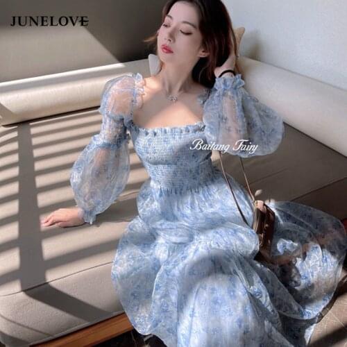 JuneLove 2021 Summer Lace Elegant Midi Dress Women Puff Sleeve Square Collar Boho Beach Floral Dress Female Party Dress Korean