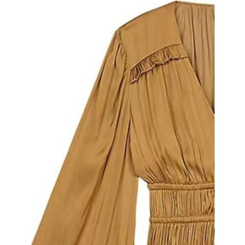 Women Long Sleeve Mini Dress 2021 New Autumn V-neck Pleated Elastic Waist Lady Clothes Solid Color Short Dresses Early Autumn