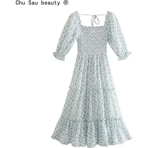 2021 Women Sweet French Square Collar Folds Lace-Up Puff Sleeve Floral Print High Waist Dress Summer Prairie Chic Vestido